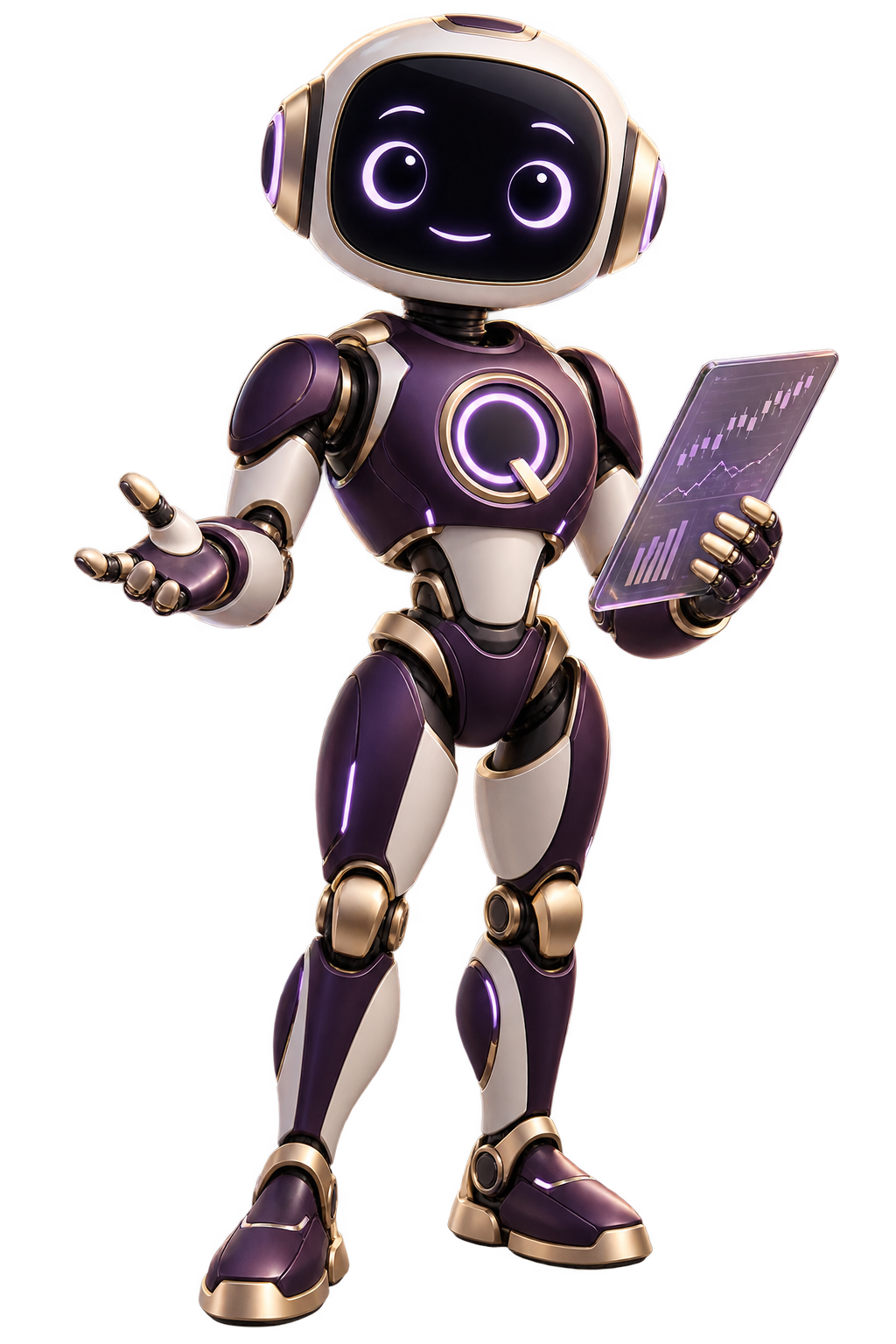 Quantbot robot holding a market analytics display